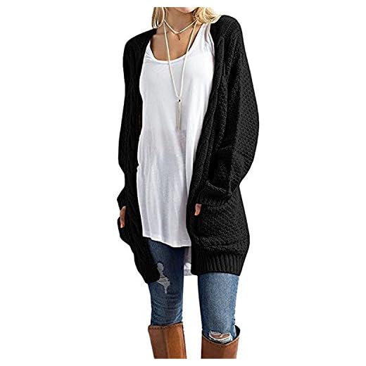 CNFIO Cárdigans Chaqueta De Punto Jersey De Suelta Punto Frente Abierto con El Bolsillo Mujer (Negro, XXL)