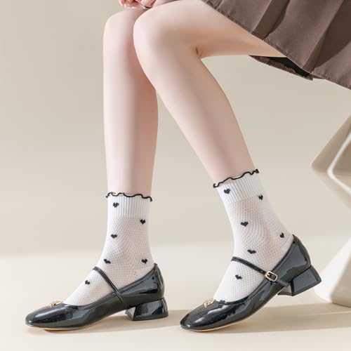 Mcool Mary Women's Ruffle Socks Thin Breathable Mesh Casual Cotton Frilly Cute Ankle Socks Polk dots Heart White Sock 6 Pack Size 5-94