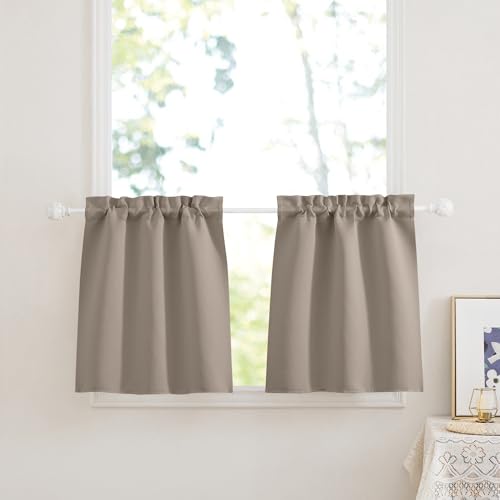 PONY DANCE Cortinas Cortas Opacas para Ventanas de Cocina/Comedor, Cortinas Termicas Aislantes de Gabinete con Bolsillos 2 Piezas,60x45cm,Arena