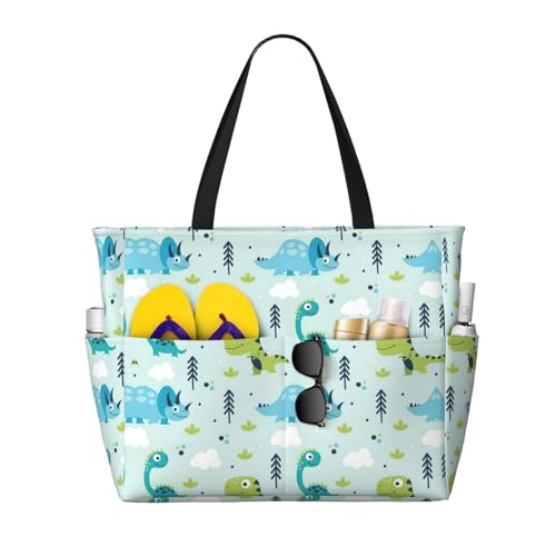Dinosaur Pattern Extra Large Tote Bag For Women,Foldable Beach Bag With Pocket Weekender Travel Overnight Bag