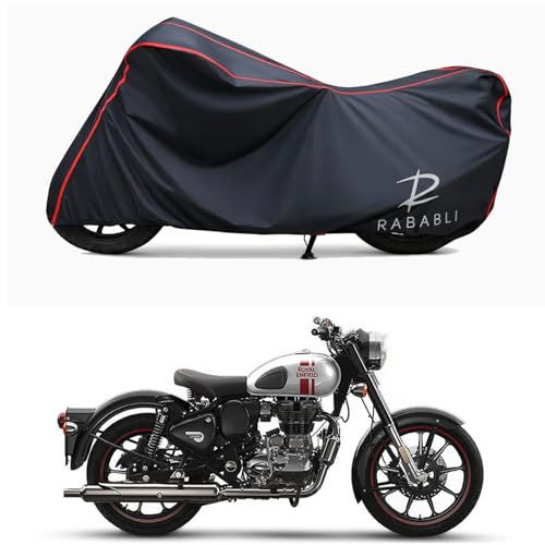 Image of Waterproof Bike Body Cover Compatible for | Royal Enfie Classic 350 Redditch | Taffeta Fabric, Red Piping Design, Bottom Elastic Fit | Dustproof, Sun UV & Rain Protection for All Bikes
