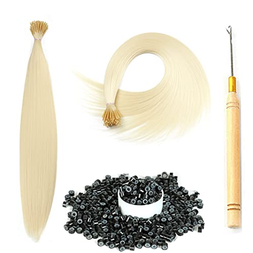 Tip Hair Extensions 25 Strands/Lot 16'' Mixed Colors Colorful Synthetic Hair with 50 Pcs Silicon Beads 1 Crochet Hook Colored Hair Extension Kit (16'', Beige)……