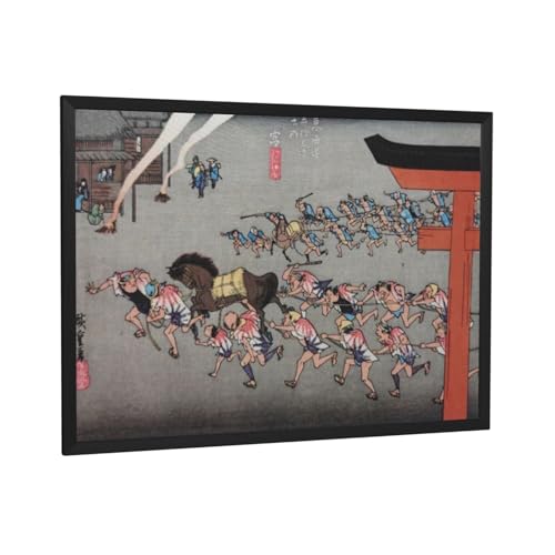 歌川広重 浮世絵 《東海道五拾三次之内 宮:熱田神事》ポスター 部屋飾り キャンバスウォールアート 印刷 版画 壁飾り 壁の絵 壁掛け ソファの背景絵画 40x30cm ブラックフレーム付き