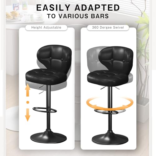 Image of Bar Stools Set of 2, Adjustable Swivel Bar Chairs with Backrest and Footrest, Modern PU Leather Upholstered Counter Height Stools for Kitchen Island, Bar, Dining Room Black