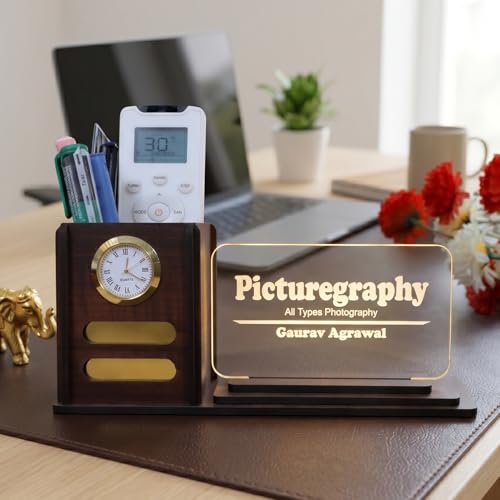 Image of Wood Desk Organizer with LED Name Lamp|Customized Gift for Men,Women,Teachers,Doctors,Dad,Husband|Pen Holder,Table Lamp|Personalized Birthday Gift|Office Organizer - With Watch,Brown