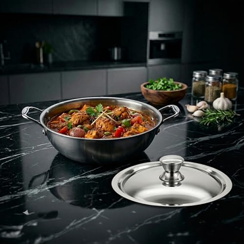Image of AGARO Regency 28 cm Triply Stainless Steel Kadai with Lid, 4L, Induction & Gas Compatible, Even Heat, Non-Toxic, no Chemical Coating, Dishwasher Safe cookware for Kitchen, Ideal for Frying & Gravy
