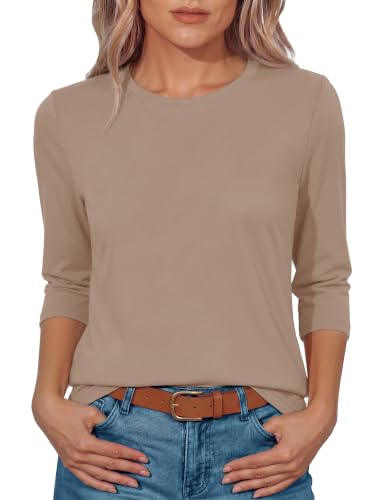 GAYHAY Khaki Shirt Women Half Sleeve Tops Ladies 3/4 Length Tshirts Crew Neck Loose Fit Casual Blouses 2026 Summer Basic Tees