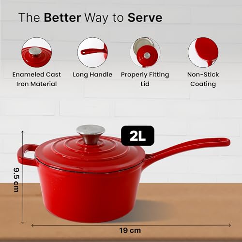 Image of The Better Home Rustic Series Grill Pan Cast Iron | Enamel Coated Cast-Iron Non Stick Pan with Silicon Sleeve | Gas & Induction Cookware with Long Ergonomic Handle | Saucepan with Lid (Red)