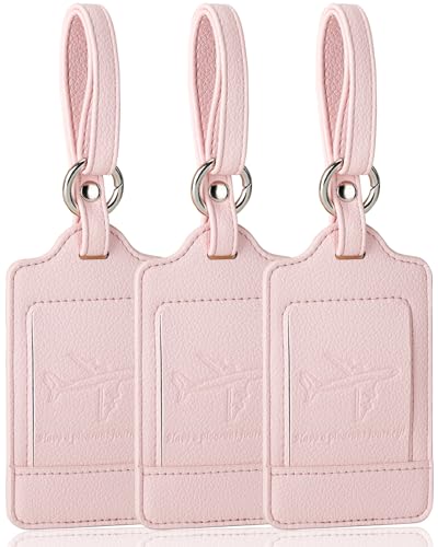 Teskyer 3 Pack Luggage Tags for Suitcases, Luggage Labels, Microfiber Leather, Strong, Durable, Noticeable, Travel Tags for Luggage, Travel Accessories, Light Pink