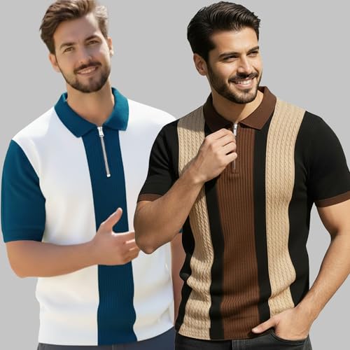 Image of AUSK Men's Retro Cable-Knit Quarter-Zip Polo | Premium Textured Self-Design Half Sleeve T-Shirt for Men