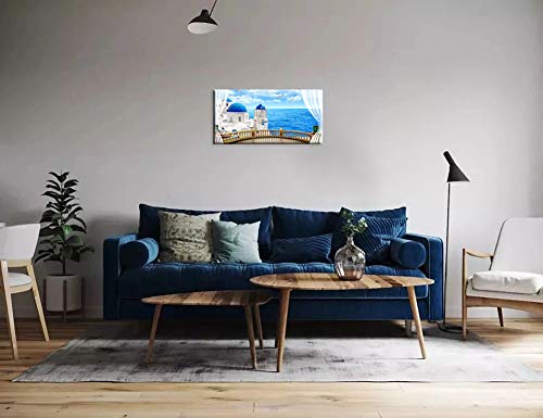 European Mediterranean Wall Decor Window Wall Art Santorini Churches Sea In Greece Canvas Oil Painting Framed Blue Home Decoration For Living Room (Waterproof, Ready To Hang) #TOP3