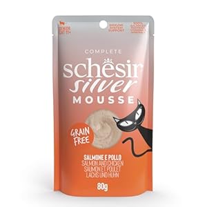 Schesir Silver, Saveur Saumon en Mousse, Aliments humides complètes pour Chats âgés (enveloppes 12 de 70 g)