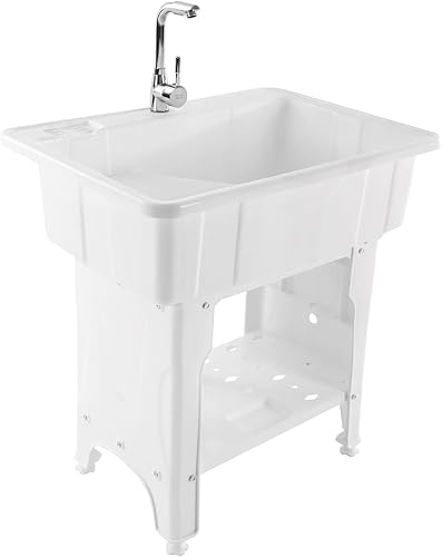 Miniatura 2 de MuChaIOAK Fregadero de lavandería de plástico independiente, fregadero de alta calidad con tabla de lavar, bañera de lavandería, grifo caliente y
