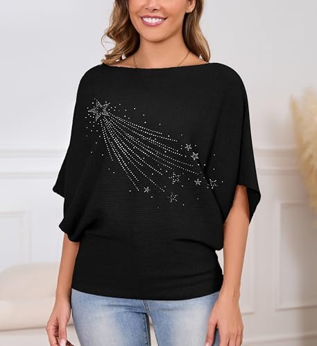 Image of MAKARTHY Womens Batwing Sleeves Knitted Dolman Pullovers Boat Neck Tops Sweatershirts