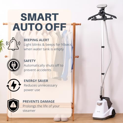 SALAV Commercial-Grade Standing Garment Steamer for Clothes with Auto-Off Safety 1800W Powerful Steam X-Large 3L Water Tank, 90-Min Continuous Use, Pedal-Control System, Beeps when Out of Water, White - Thumbnail 3