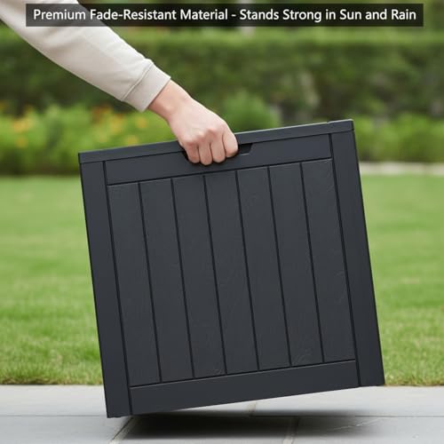 Image of 30 Gallon Resin Deck Box with Lockable Lid - Outdoor Waterproof Storage for Patio Furniture, Garden Tools, Cushions & Pool Accessories, Wood Grain Design, All-Weather Durable (Black, 1 Pack)