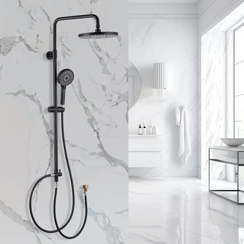Système de douche sans robinet, noir, avec grande douche à effet pluie et douchette, 3 types de jet, barre de douche réglable en hauteur, raccord G1/2, buses anti-calcaire