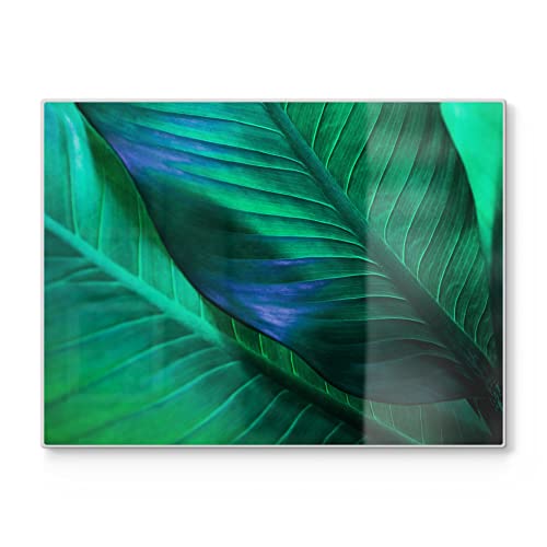 DEQORI Planche à découper en verre | Grande taille 40 x 30 cm | Motif « Structure de feuilles tropicales » | Planche à découper design pour la cuisine | Planche à petit-déjeuner antibactérienne &