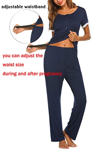 Ekouaer Women Maternity Pajamas Set Nursing Clothes Soft Cotton Breastfeeding Tops Pants Sets Solid Pj Nightwear Navy Blue #TOP1