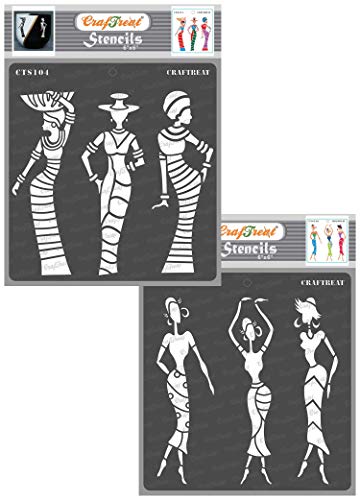 CrafTreat Reusable Tribal Stencils for Painting on Wood, Wall, Tile, Canvas, Paper, Fabric and Floor - African Models 1 and African Models 2-2 Pcs - 6x6 Inches Each - DIY Art and Craft Stencils