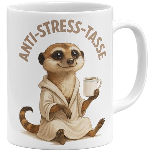 OM3 Erdmännchen Anti-Stress Kaffee-Tasse - Lustige Meerkat Keramiktasse mit Tier-Motiv - Keramik Becher - 325ml - Beidseitig Bedruckt - Weiss