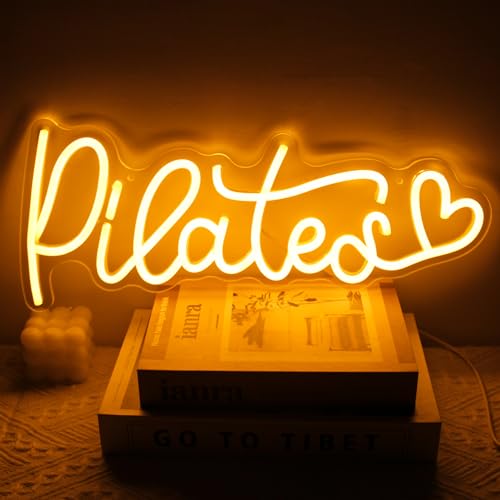 Image of Pilates Neon Sign Yoga LED Neon Lights for Bedroom Gym Yoga Studio Decor | Orange Letter with Love LED Sign, Dimmable Acrylic Neon Wall Sign, Motivational Wall Art, Pilates Pavilion Decor, USB Powered