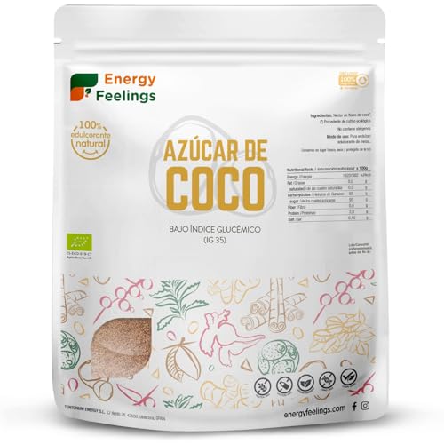Energy Feelings Sucre de Coco Bio 1kg, Sucre de Fleur de Coco Non Raffiné, Sans Gluten ni Lactose, Organic Brown Sugar, Édulcorant Naturel à Indice...