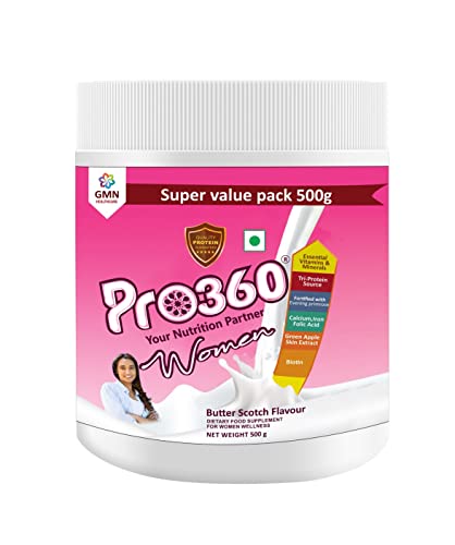 Pro360 Women Nutritional Protein Drink (Butterscotch Flavour) Complete Dietary Supplement for Women Wellness with Evening Primrose, 500 Gm Pro360 Women Nutritional Protein Drink (Butterscotch Flavour) Complete Dietary Supplement for Women Wellness with Evening Primrose, 500 Gm