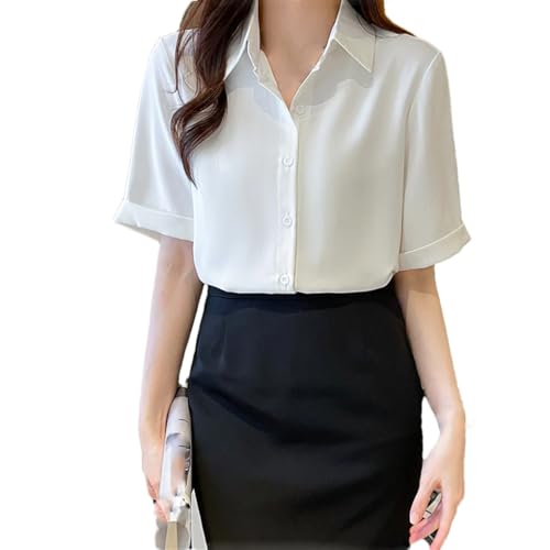 Blusa de gasa de manga corta con cuello en V para mujer, holgada, informal, para oficina, blanco, XXL