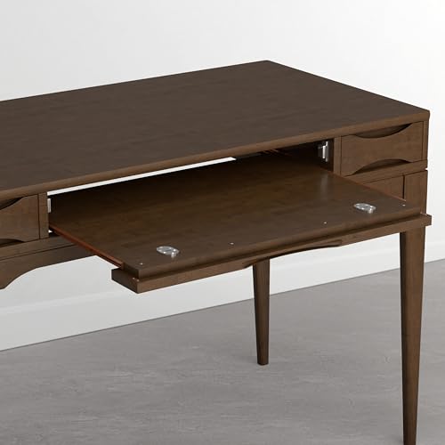 Image of SIMPLIHOME Harper Small Desk - 48 Inch Wide Solid Wood Writing Desk in Dark Brown Chestnut, Mid-Century Modern Home Office Computer Table for Study with 2 Drawers and Flip-Down Keyboard Tray