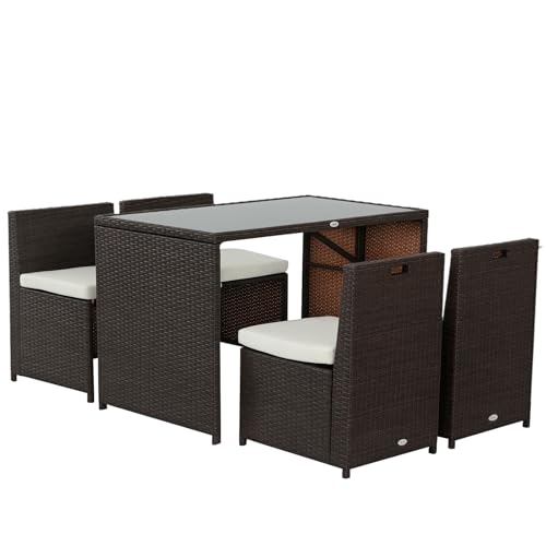 Outsunny 5-teiliges Polyrattan Gartenmöbel-Set, wetterfest Balkonmöbel für 4 Personen Terrassenmöbel mit Tisch 4 Stühle Kissen, Lounge-Set Essgruppe Sitzgruppe für Balkon, Garten, Braun+Khaki
