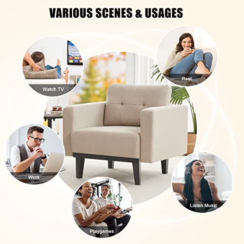 Mid-Century Modern Cream Accent Chair With Wood Legs And Wood Base, Oversized Upholstered Single Sofa Chair, Comfy Living Room Armchairs For Apartment Bedroom Office Study, Ivory/Beige #TOP5