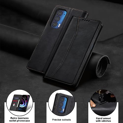 Image of Jasonyu Flip Wallet Case for Motorola Edge 5G UW /Moto Edge (2021),Leather Magnetic Folio Cover with Card Holder,Kickstand - TPU Shockproof Durable Protective Phone Case,Black