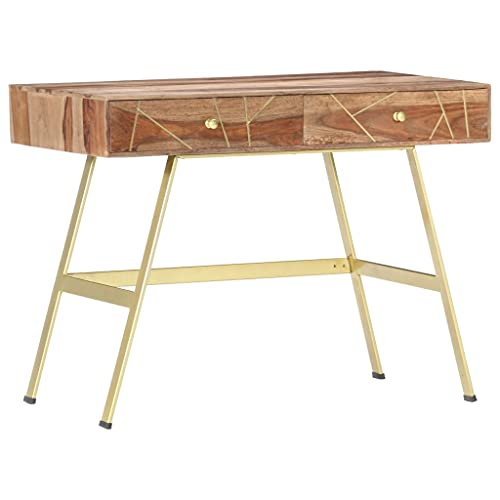 faucqel Schreibtisch aus Akazie-Massivholz mit 2 Schubladen 100x55x75 cm, Stabiler Stahlrahmen, Industrial Style, vielseitiger Büro- und Computertisch für Gaming und Home Office