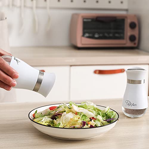 Image of Lonffery Salt and Pepper Shakers Set - Salt Containers for Gifts, Kitchen Decor, Home, RV, Camp, BBQ, 4 oz Farmhouse Spice Dispenser with Glass Bottom, White, Set of 2