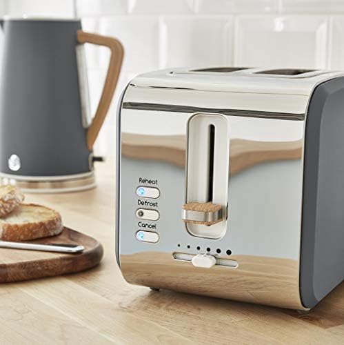 Swan Nordic Set Desayuno bezprzewodowy czajnik elektryczny 1,7 l 2200 W, toster na chleb z szeroką szczeliną, 2 kromki, 3 funkcje, nowoczesny design, efekt drewna, szary