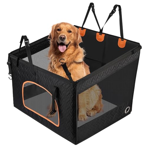 KYG Seggiolino auto per cani di taglia media e grande con tappetino, impermeabile, con 3 finestre in rete, pieghevole, per auto, SUV, camion