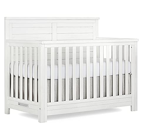 Image of Evolur Belmar Flat 5-in-1 Convertible Crib in Weathered White, Features 3 Mattress Height Settings, Greenguard Gold Certified, Made of Kiln-Dried Hardwood