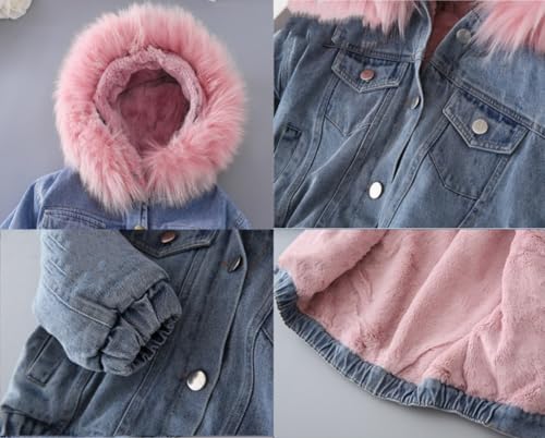 Girls' Classic Faux Fur Collar Denim Jacket Hooded Thicken Fleece Lined Jean Coat Plush Winter Hoodie Outwear2