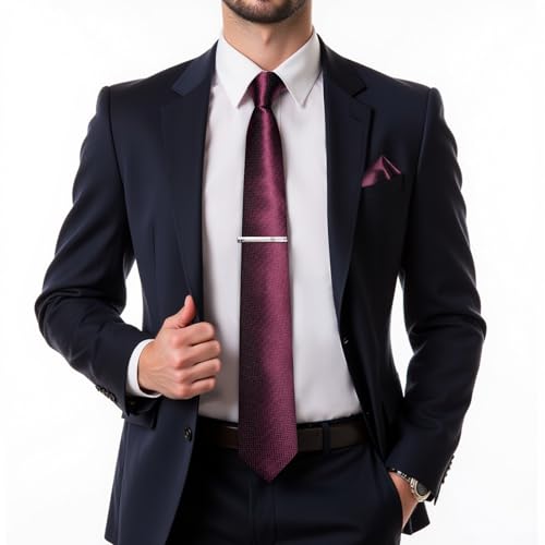 Image of DiBanGu Mens Silk Necktie Solid Color Tie and Pocket Square Cufflink Tie Clip Set Woven Plain Ties for Men Wedding Party