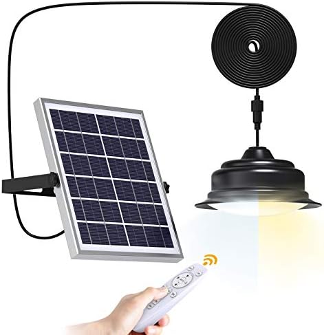 Solar Lights Indoor Outdoor Dual Color Switchable Solar Shed Light with Remote Control Lighting Brightness & Timing Adjustable Solar Powered Pendant Lights for Home Shed Barn Patio Porch Gazebo Deck