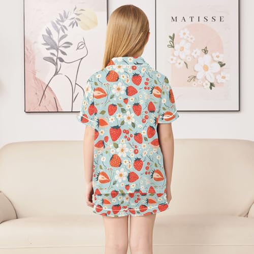 ALAZA Strawberry Blossom Blue Satin Pajamas Set Short Sleeve Button Down Sleepwear Summer Pjs 2 Piece4
