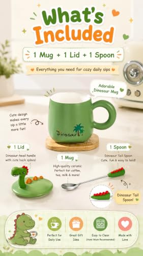 NQQNQQ Be-G Dinosaur Mug with Lid and Spoon, 400ML Ceramic Coffee Mug for Tea & Coffee, Cute Dinosaur Gift for Christmas, Holiday Teacup for Women. (Dino/Green) - image 3