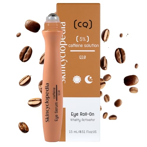 Skincyclopedia Cafeína Roll On Cool Ojos con Q10 y ácido hialurónico, suero ocular contra ojeras y bolsas en los ojos, rodillo antienvejecimiento, cuidado de ojos de cafeína, 15 ml