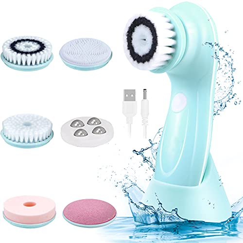 Facial Cleansing Brush Silicone Face Scrubber Brush IPX7 Waterproof Face Cleansing Brush with 6 Brush Heads and USB Rechargeable Facial Brush Scrubber for Deep Cleansing Exfoliating Face Wash Brush
