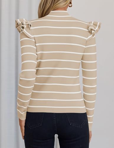 ZESICA Womens Striped Ruffle Long Sleeve Tops Fall Turtleneck Ribbed Knit Slim Fit Basic Shirt Casual Pullover Sweater4
