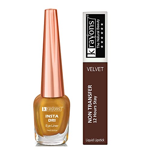 Image of Krayons Insta Dri Sparkling Eyeliner, Golden, 7ml And Power Stay Nontransfer 12hrs Stay Matte Liquid Lipstick, Caramel, 4ml