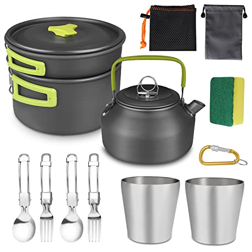 AUTOPkio Camping Kochgeschirr Set, 14-Teilig Camping Töpfe Outdoor Kochtopf mit 0.8L Teekessel 2 Tassen Faltbare Besteck Aluminium Picknick Topf für 2-3 Personen Wandern BBQ Rucksackreise Cover