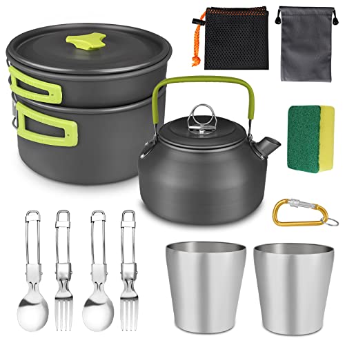 AUTOPkio Camping Kochgeschirr Set, 14-Teilig Camping Töpfe Outdoor Kochtopf mit 0.8L Teekessel 2 Tassen Faltbare Besteck Aluminium Picknick Topf für 2-3 Personen Wandern BBQ Rucksackreise