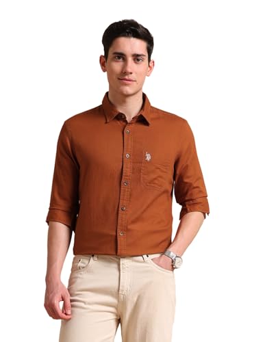 Image of U.S. POLO ASSN. Solid Regular Fit Shirts for Men - 100% Cotton, Full Sleeve Mens Casual Shirts